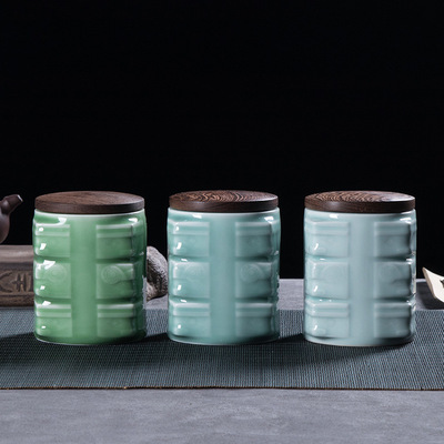 龙泉青瓷 厂家直销创意木盖茶叶罐 陶瓷中式良渚储存茶罐LOGO|ru