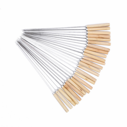 Wooden handle flat needle stainless steel barbecue skewer flat skewer outdoor lamb kebab barbecue skewer steel skewer round skewer barbecue needle iron skewer