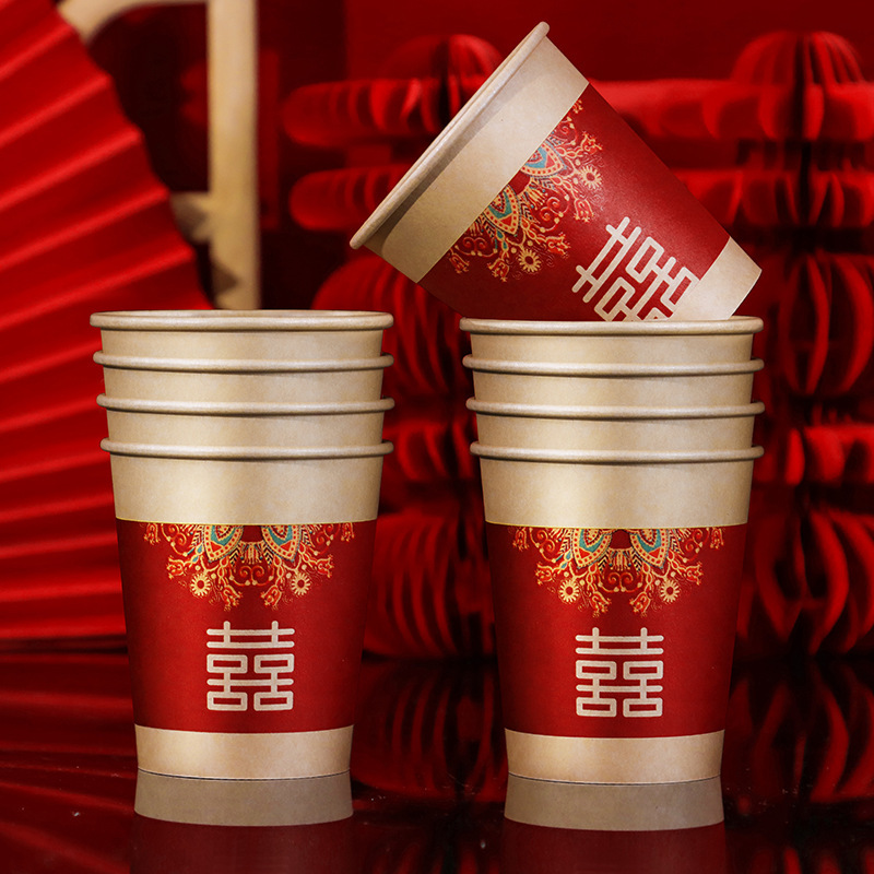 Tazas de papel de boda desechables tazas de boda suministros de boda compromiso de boda gruesa taza de té rojo