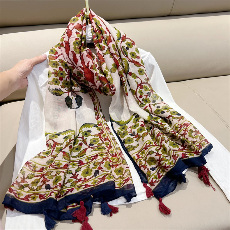 Blue and white retro ethnic scarf with tassels