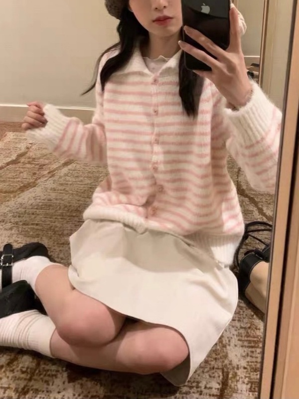 韩系复古多巴胺条纹毛衣开衫女秋冬新款宽松翻领拼色慵懒针织外套|undefined