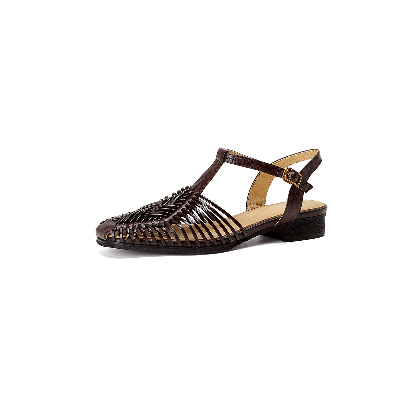 Sandal nữ quai dệt mảnh mũi vuông gót phẳng — màu nâu