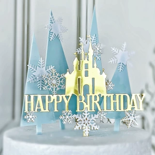 烘焙蛋糕装饰生日快乐雪花城堡蛋糕插件双层亚克力蛋糕装饰插牌