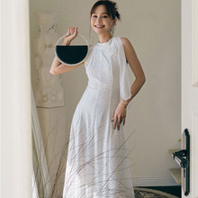 特价清仓新款设计师品牌chen波点长裙手工镶水晶钻饰挂脖连衣裙女