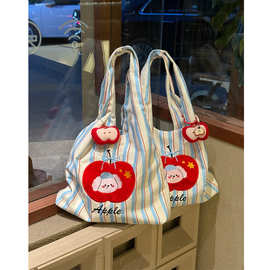 夏季可爱苹果卡通插画背心包大容量帆布单肩包学生上课包轻便布袋