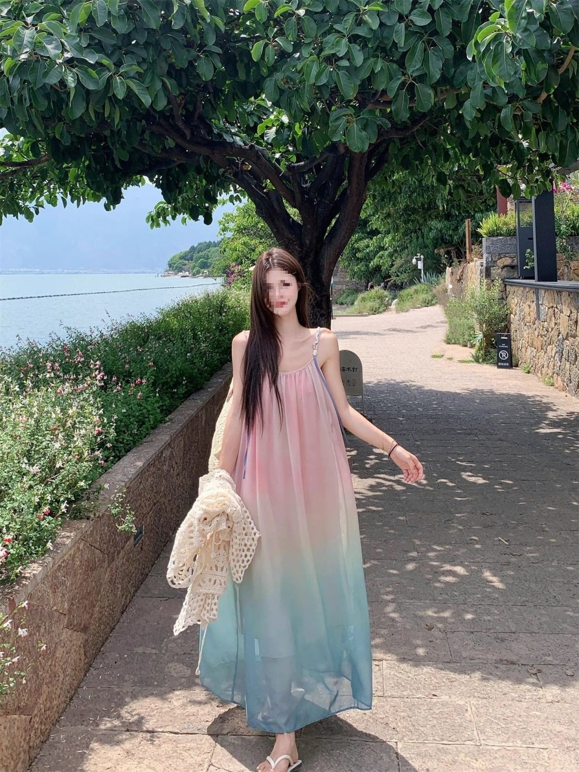 Đầm maxi nữ dây treo họa tiết ombre loang màu phong cách biển — Đầm voan (Version), Đầm voan (phiên bản thường) chi tiết 7