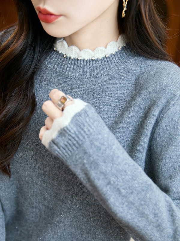 秋冬季新款纯色抽条欧根纱木耳领毛衣女内搭羊毛针织打底衫女|undefined