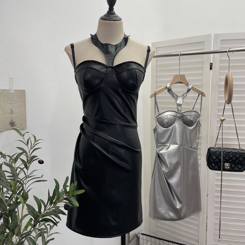 Chest Pad Halter Spaghetti Straps Dress Sexy Slim Fit Ruffle Hip Faux Leather Sexy 12 Chest Pad Halter Spaghetti Straps Dress Sexy Slim Fit Ruffle Hip Faux Leather Sexy