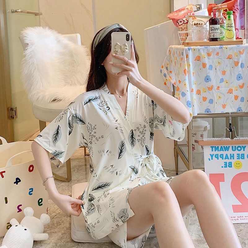 Pijamas al por mayor transfronterizos para niñas, pantalones cortos de manga corta con estampado de cuello de kimono de algodón de imitación de verano, traje de dos piezas, ropa a domicilio