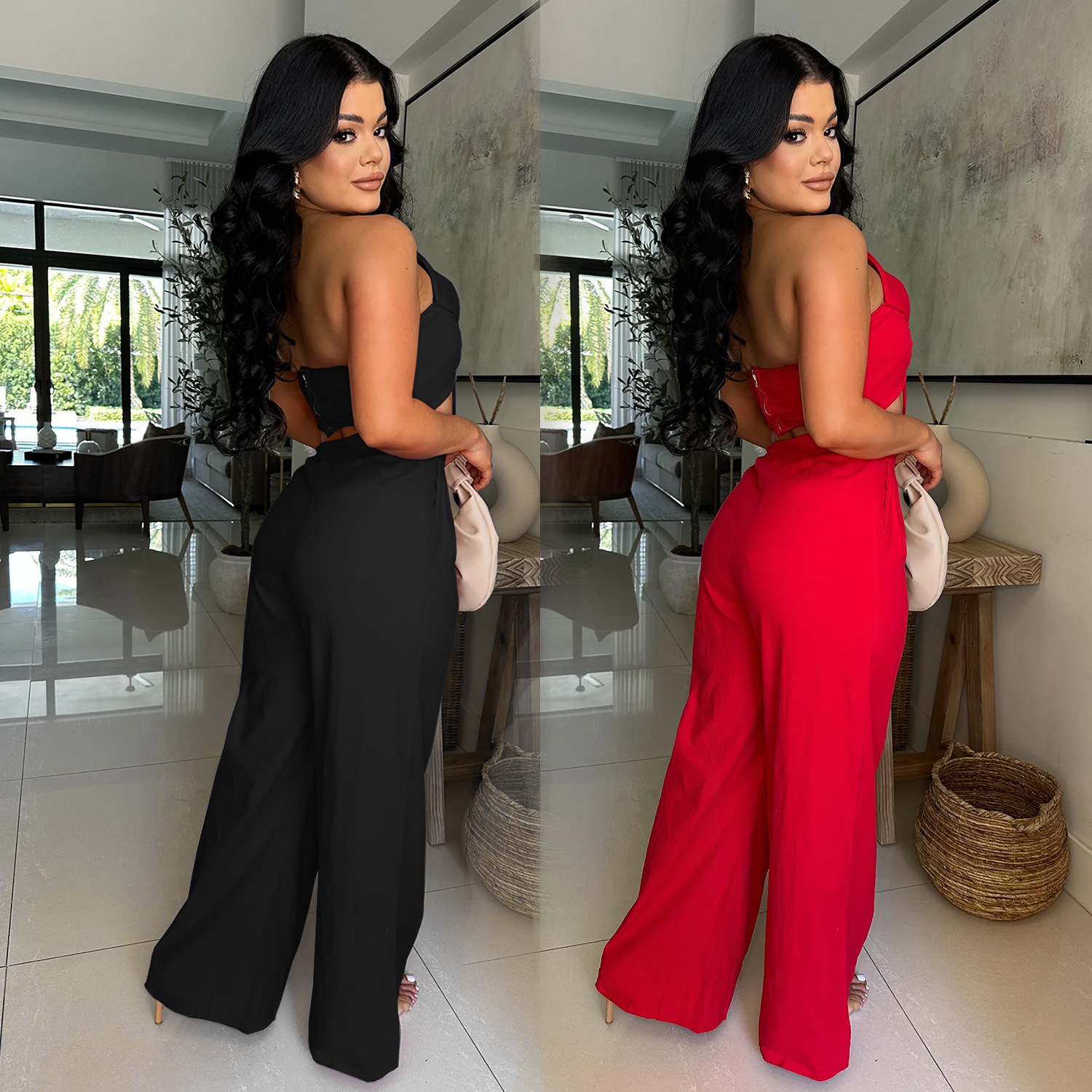C7375 Cross-border AliExpress Amazon Moda europea y americana Pantalones casuales de lazo sexy de dos piezas Nuevo