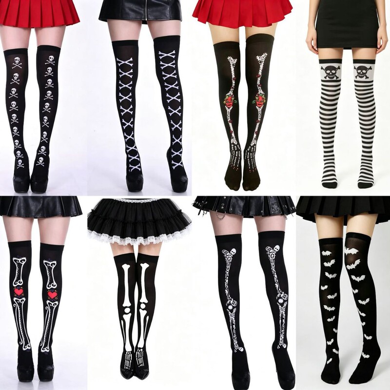 Halloween Spider Web Over the Knee Socks Masquerade cosplay Silk Stockings Skeleton Skull Stocking Printed Stockings