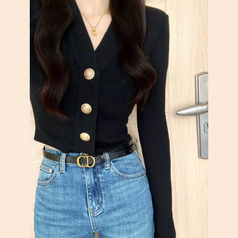 黑色领针织开衫女春秋季毛衣外套奶呼呼上衣修身短款内搭打底衫