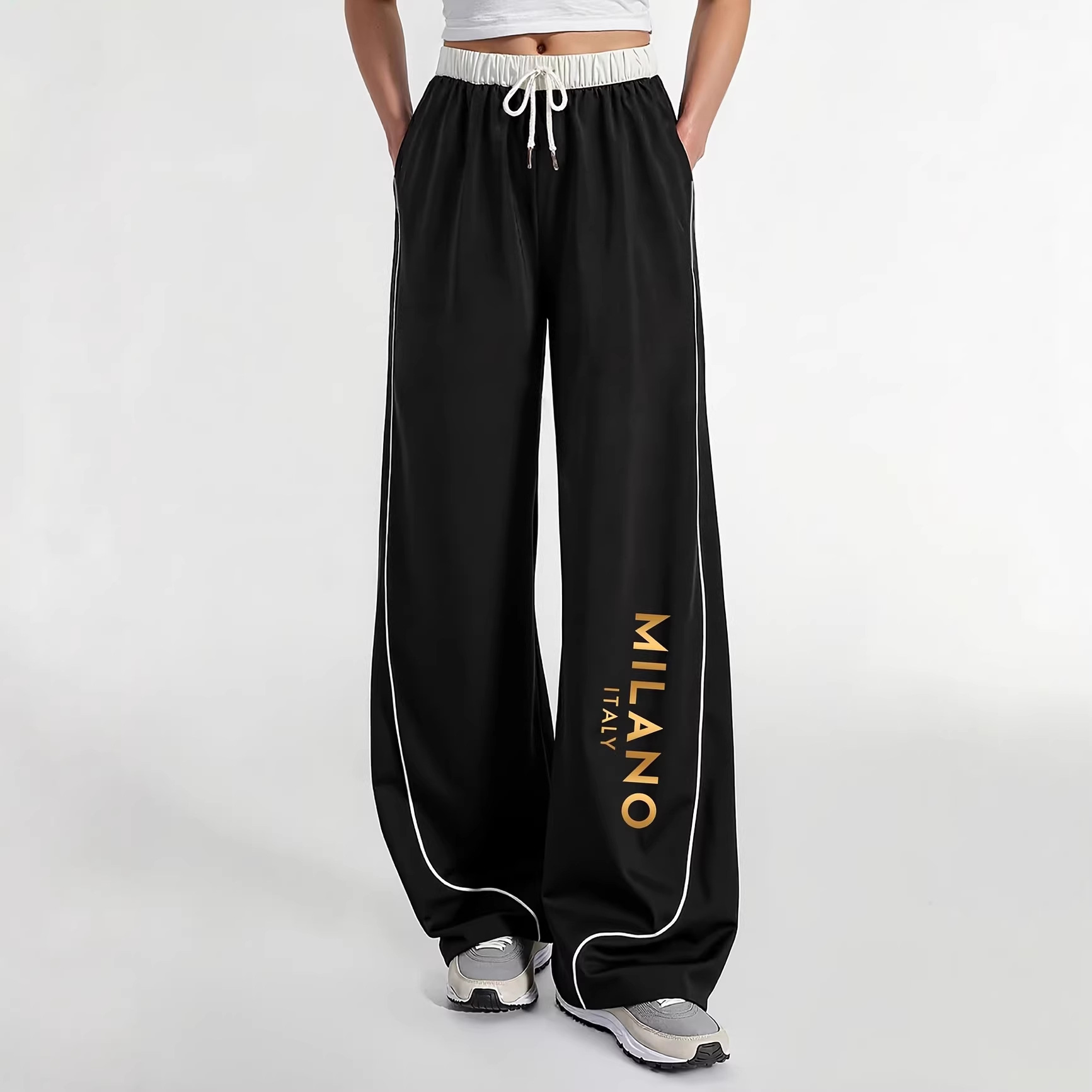 Gold Milan Print Loose-fitting Spring And Autumn Women's Casual Elastic Waist W'w Wide-leg Pants_ecoleips.com
