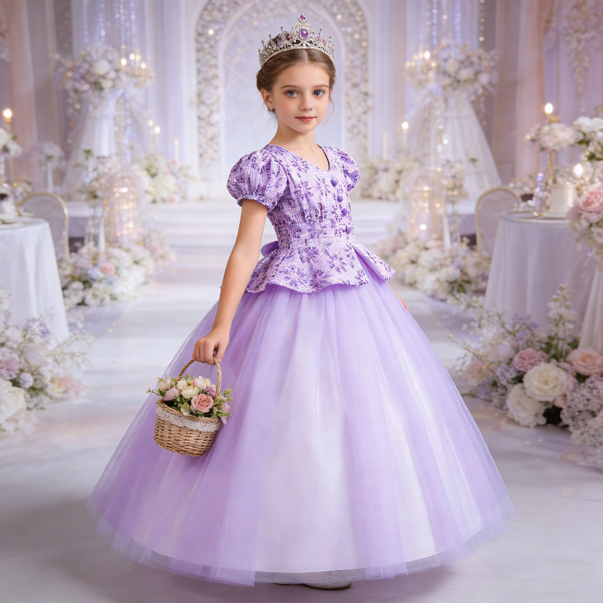 Transfronterizo nuevos niños princesa vestido houndstooth costura malla mullido vestido puff manga niñas etapa traje