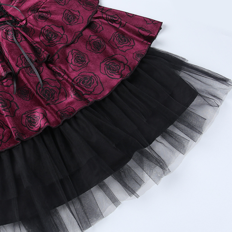 Gothic Style Suede Rose Print Solid Color Lace Dress NSGYB99729