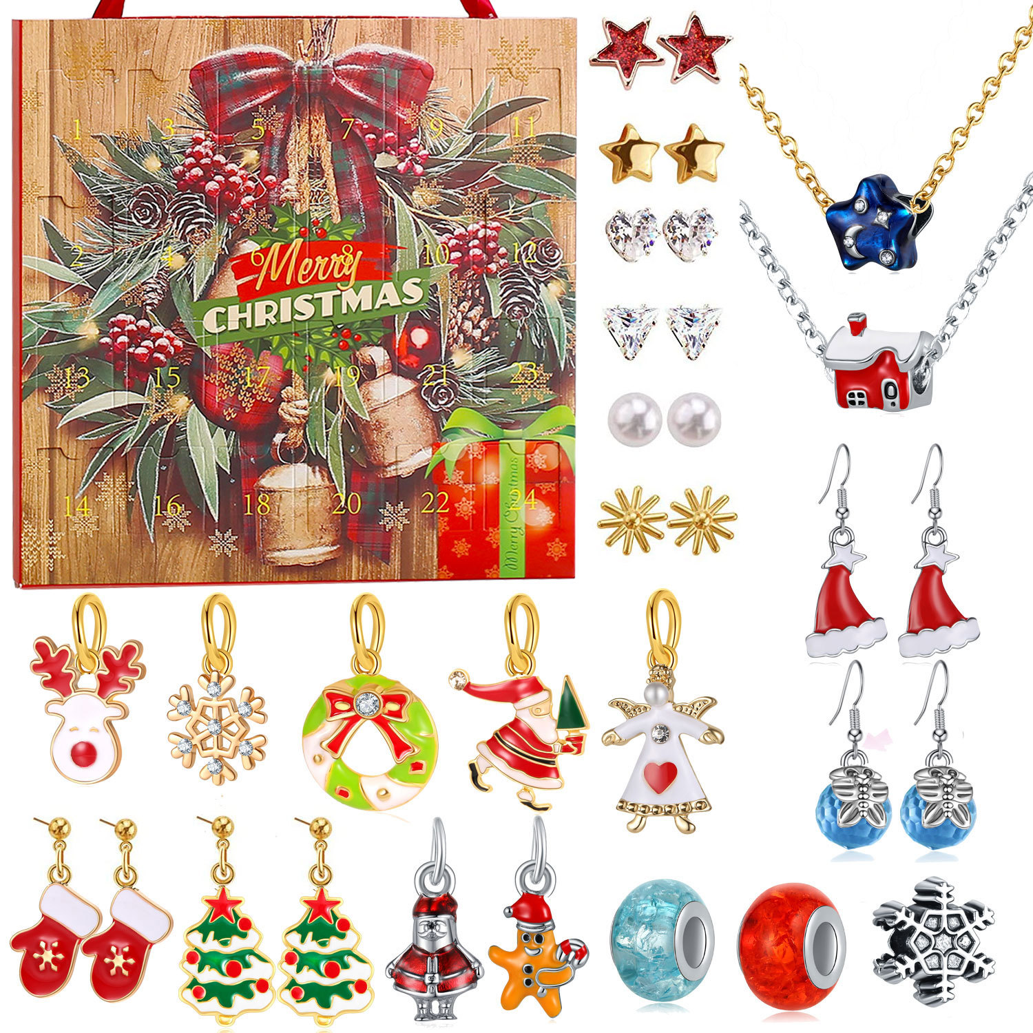 Unisex New Christmas jewelry gift countdown calendar advent necklace blind box earrings hand held gift box blind box_voghion.com
