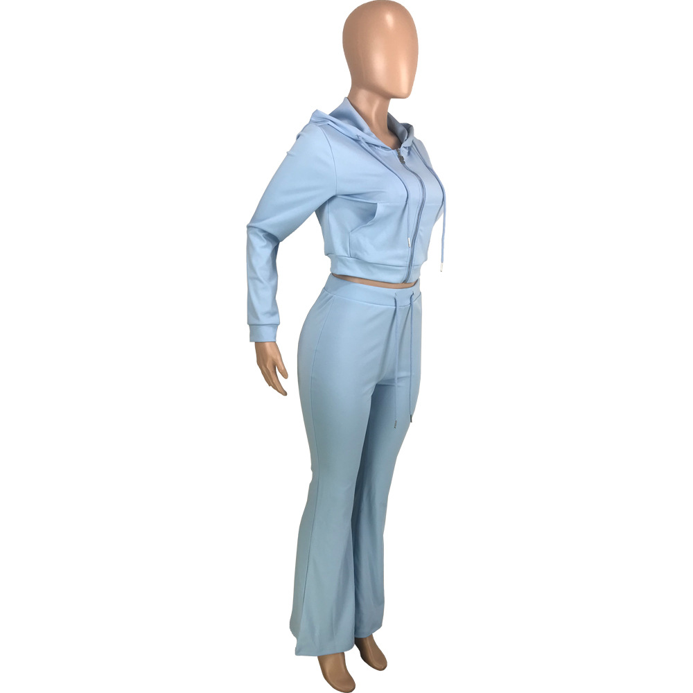 Vêtements pour femmes mode féminine couleur unie poche fermeture éclair capuche cravate veste décontractée pantalon évasé costume deux pièces_voghion.com