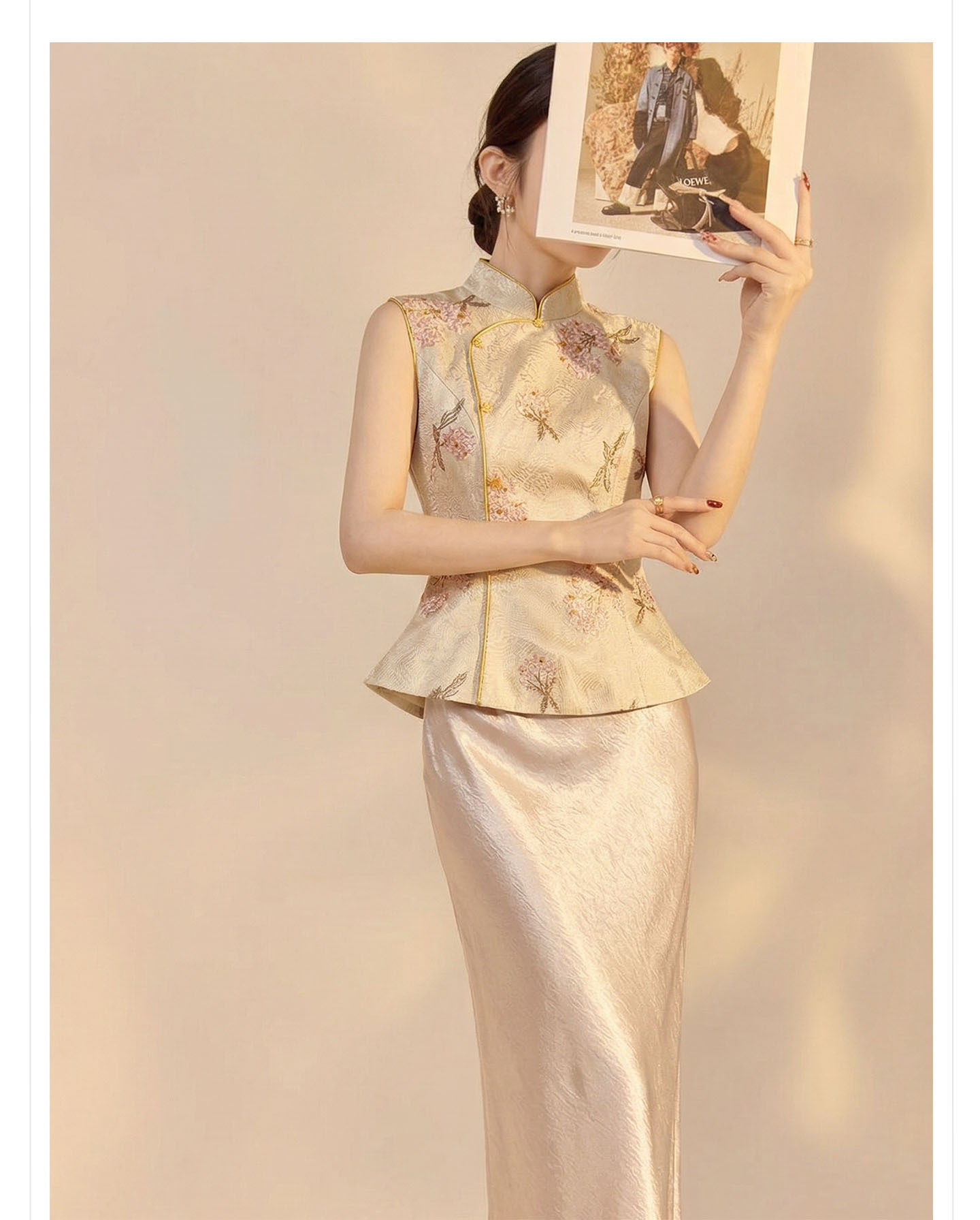 Bộ váy áo không tay thêu hoa kiểu Trung Quốc mới – áo khoác vai + áo gile + chân váy nửa — Mây vai, Trang chủ, Champagne màu nửa váy chi tiết 11