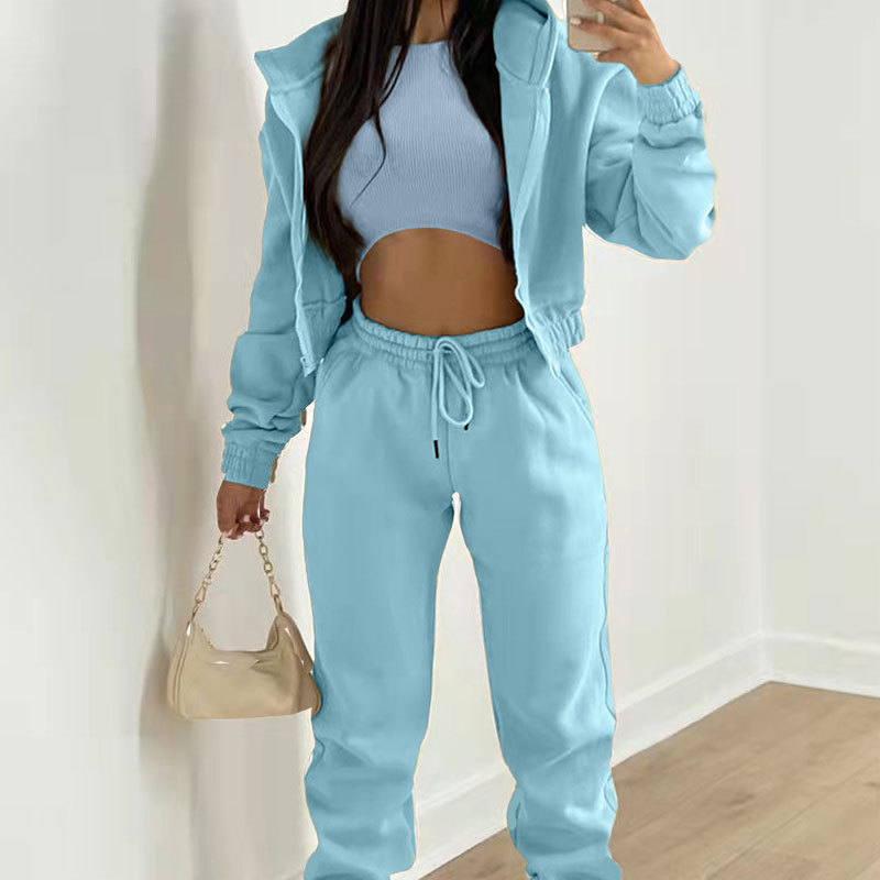 Conjunto de tres piezas mujer sudadera con capucha y forro_voghion.com