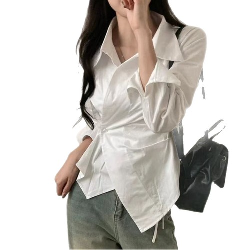 Korean style design niche irregular waist-hugging and fashionable striped shirt long-sleeved top