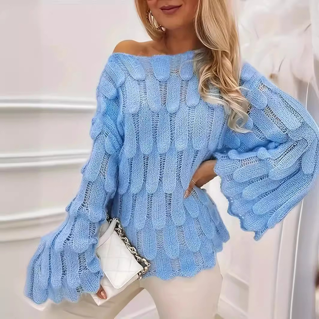 Vêtements pour femmes Printemps et automne pull ample en plumes chic style occidental à manches longues haut de style paresseux creux pull tricoté polyvalent pour femmes_voghion.com