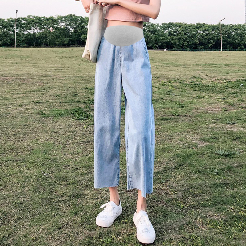 Maternity Wide-Leg Pants, Summer Denim, Loose Thin Denim, Belly-Supporting Pants, Casual Slimming, Postpartum Wearable, Elastic Waist
