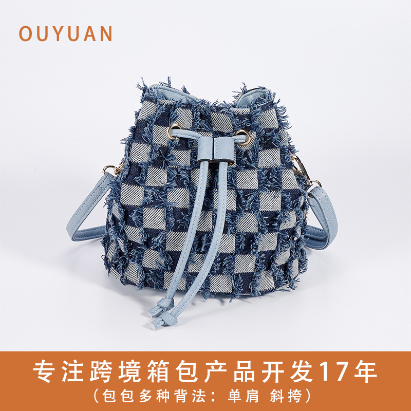 格子牛仔水桶包 跨境新款撞色迷你抽繩包包女批發歐美單肩斜挎包