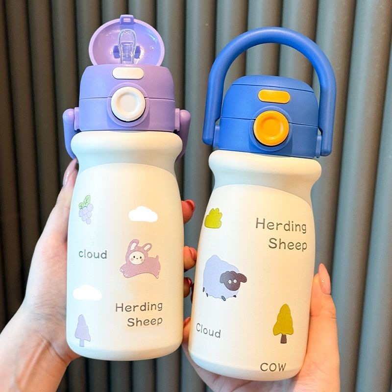 Children's stainless steel double-drink insulated cup, cartoon portable cute cup for boys and girls, high-appearance portable water cup