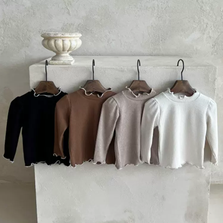 2024秋款婴儿半高领打底衫女宝宝秋装木耳边针织坑条打底上衣T恤