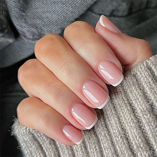 Classic Simple Pink French White Edge Wearable Nails Short European Square Manicure Fake Nails Press on Nails
