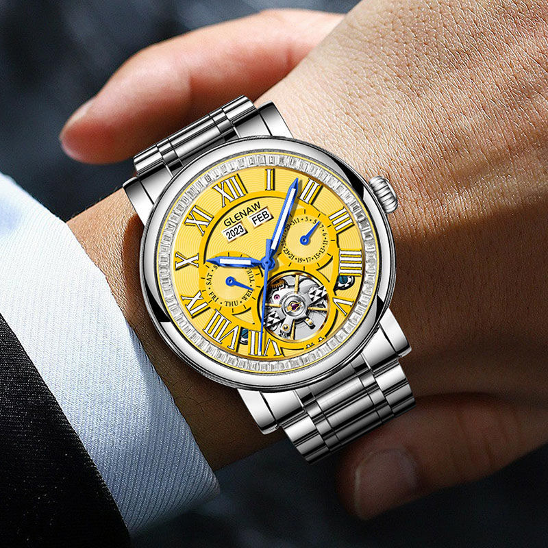 Đồng hồ nam cơ tự động Tourbillon lộ máy chống nước đa chức năng 8677 — 8677-Mặt đen vỏ bạc đai thép bạc, 8677-Vàng mặt bạc vỏ bạc đai thép