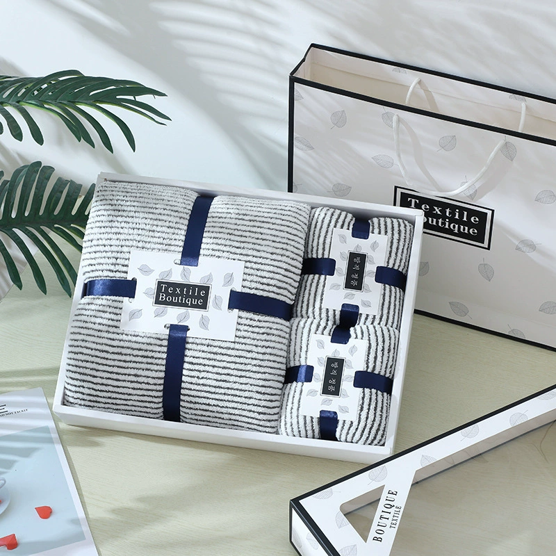 Банное полотенце из бамбукового угольного волокна Полотенце для сушки волос Шапка из трех частей Подарочная коробка Костюм для взрослых мужчин и женщин Полосатый коралловый флис Теплый впитывающий