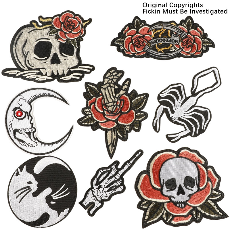 浦江新款电脑绣花布贴黑白骷髅徽章电商货源服装辅料补丁刺绣布贴