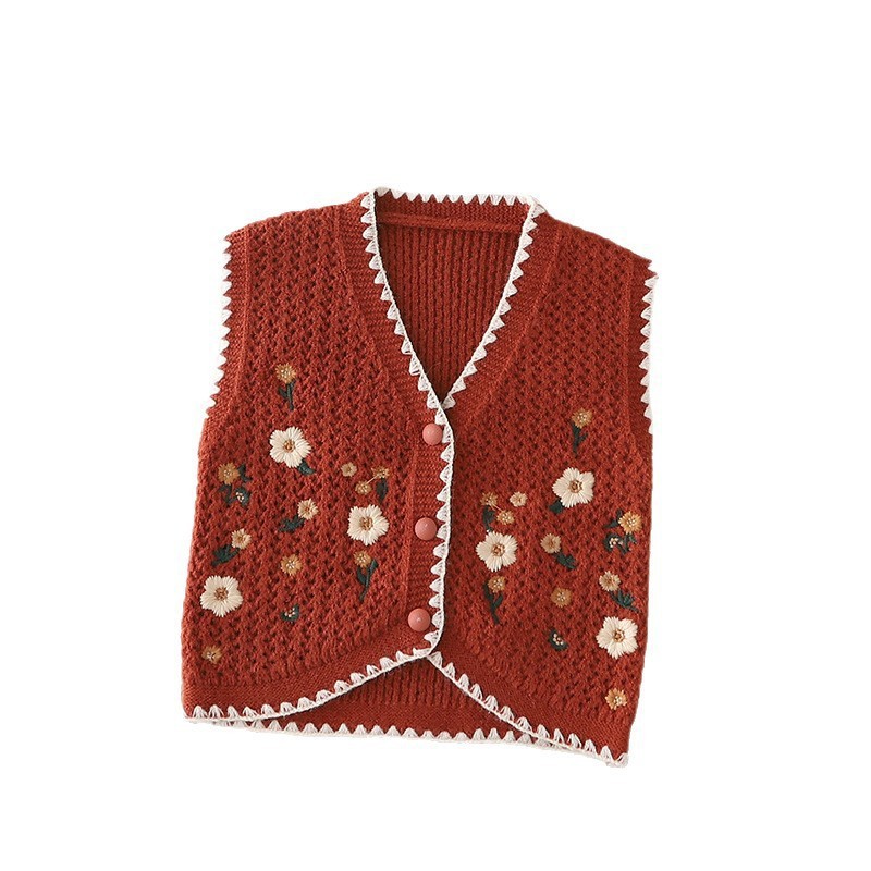 2025 primavera y otoño niñas lana chaleco de punto estilo retro pastoral computadora bordado chaleco de punto hueco chaleco