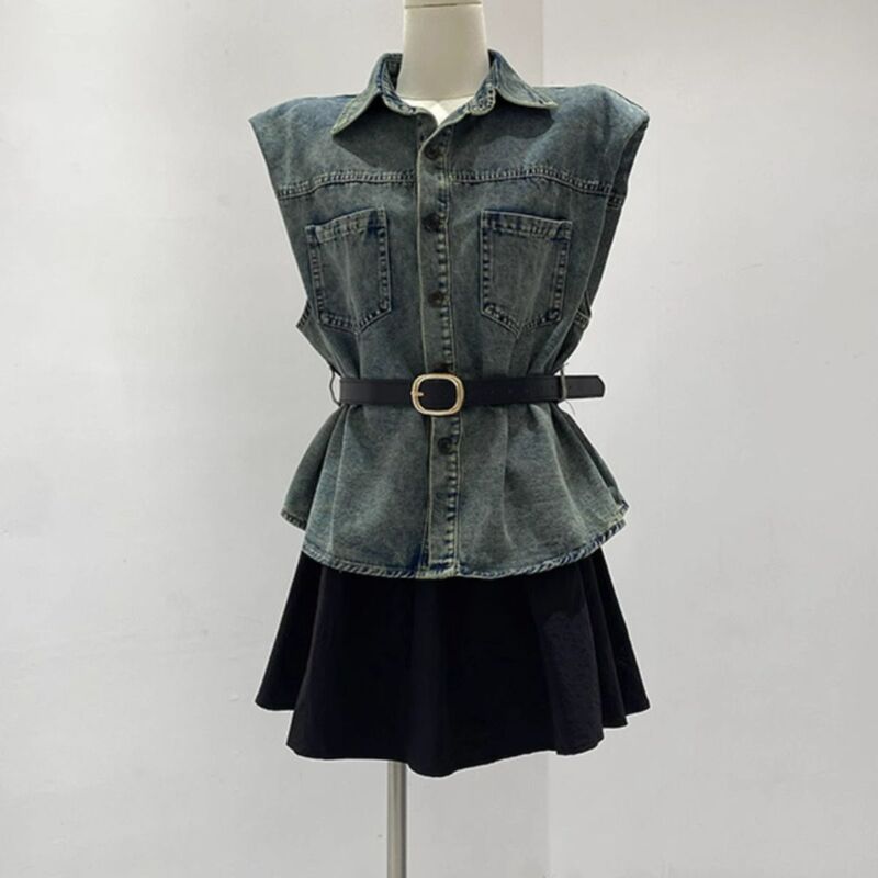 Hong Kong Style Fashion Sexy Denim Shirt Women's Summer New Korean Style Sleeveless Polo Collar Waist Vest Top