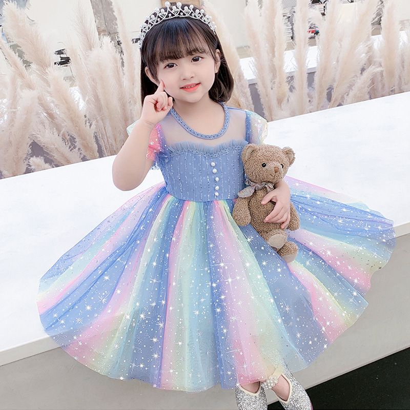 Girls Summer Dress 2026 Puff Sleeve Dress Rainbow Princess Dress Little Girl Kidsren's Dress Gauze Dress Princess Style