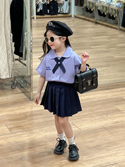女童校服 女寶寶夏裝jk制服學院風領結系扣襯衣+百褶半身裙園服