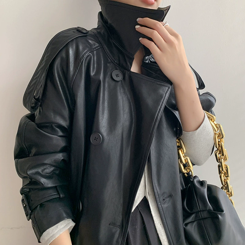 Autumn retro polyurethane jacket, British style, maxi length, high-quality style
