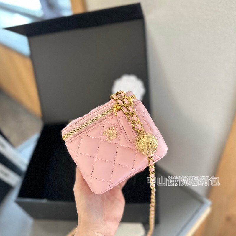 原厂皮新款小香mini金球盒子包香奶奶化妆包单肩羊皮菱格链条女包|undefined