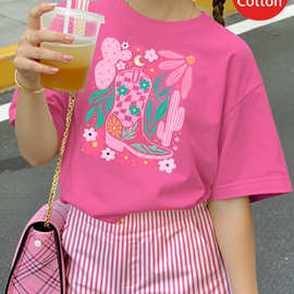 韩系清新彩色花卉女童夏季套装 粉底蓝黄大花圆领 T 恤