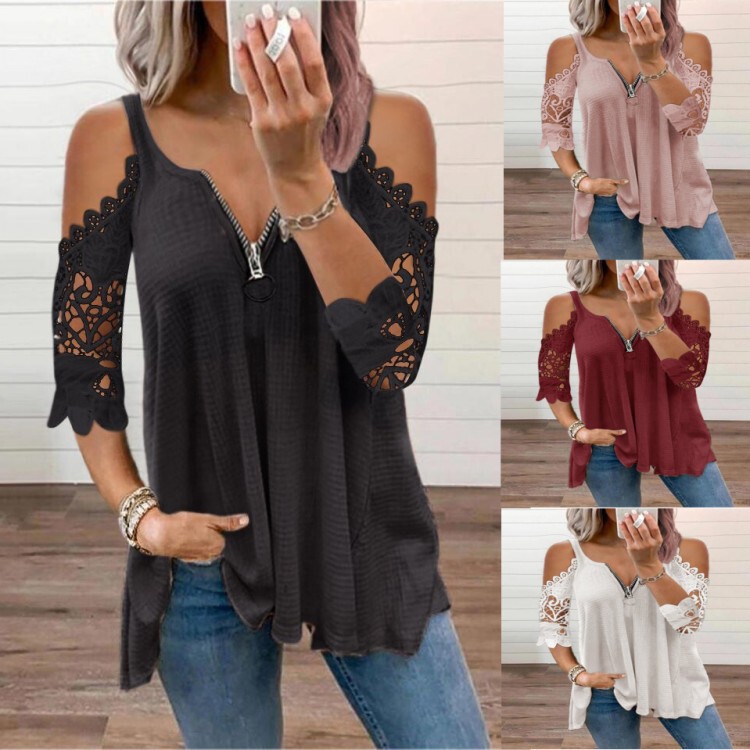 Wish Aliexpress Ebay 2021 Summer European and American Pure Color Zipper Lace Sleeve Loose T-Shirt Slimming Look Cross-Border Hot Sale