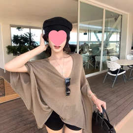 慵懒风复古v领长袖针织T恤女夏季蝙蝠袖宽松防晒罩衫气质薄款上衣