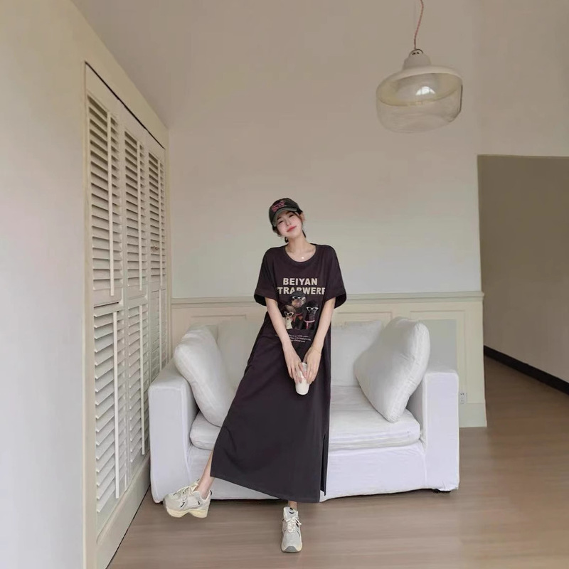 Korean Style Summer Split Loose plus size chubby girl Laid-back Super Long Knee T-shirt Long Dress Cartoon Printed dress