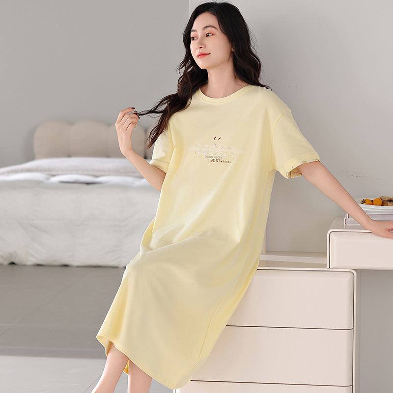 Color sólido de alta calidad de mediana edad vestido de dormir de mujer de verano de mangas cortas falda larga de verano de algodón madre ropa para el hogar