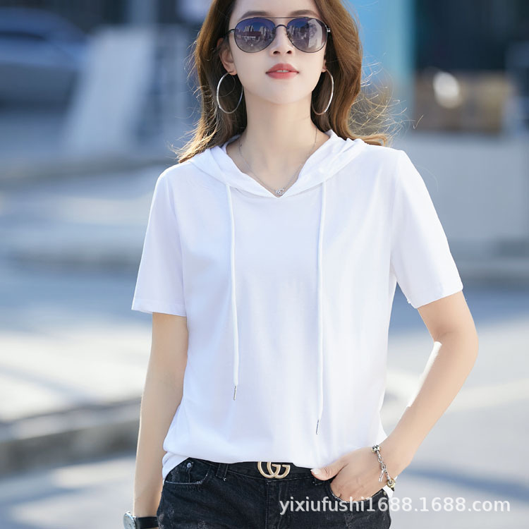 2022 Summer New Women's Hooded Short-sleeved T-shirt Women's Loose Solid Color Cotton Top Drawstring Hat Fashion 810