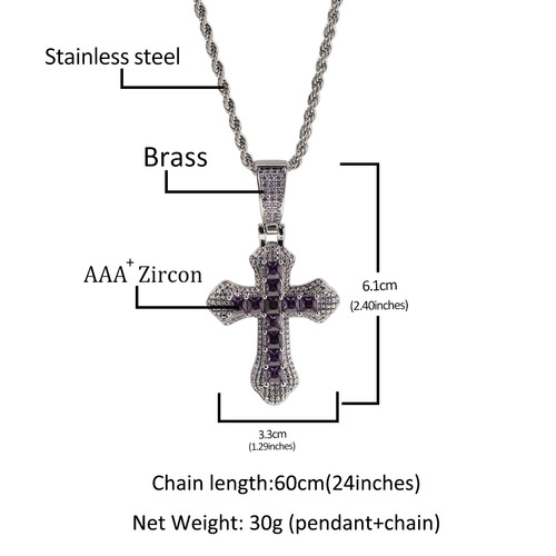 European and American hip-hop cross-shaped pendant jewelry necklace large copper inlaid purple zircon light luxury sweater necklace wholesale