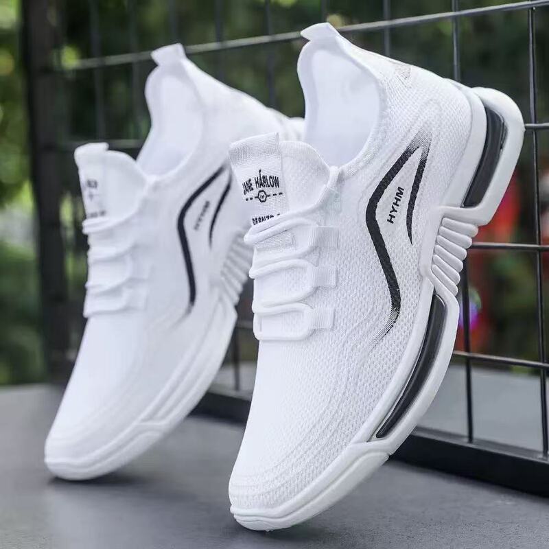 Foreign Trade Men's New Summer Sports Trendy Shoes, Non-Slip Casual Running Shoes, Fly-Knit Breathable Comfortable White Shoes Wholesale