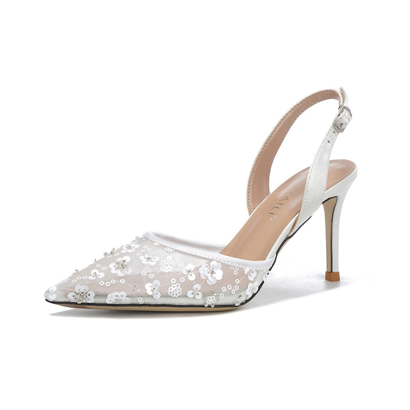 Women's Fairy White Floral Pointed Toe Mesh Lace Sandals High Heeled Open Back Stiletto Evening Shoes_voghion.com