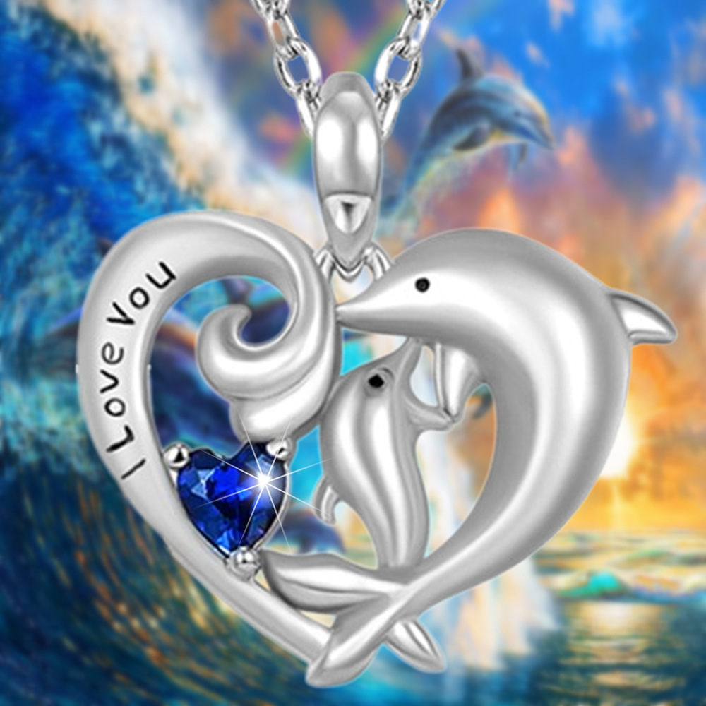 Collar con colgante de delfín y corazón en cristal azul mujer_voghion.com