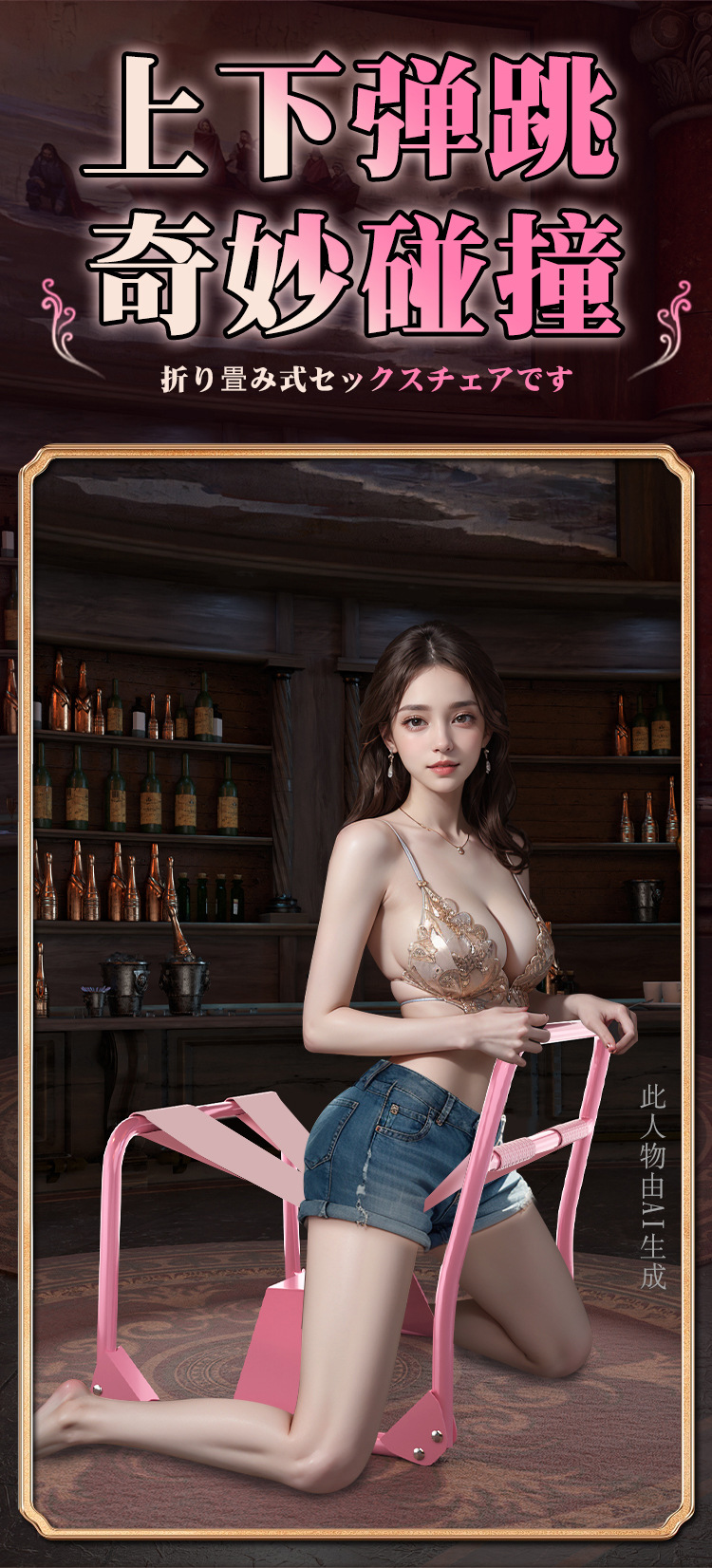Folding Adult Positioning Chair with Elastic Straps, Pink PU, Couples Intimacy Support — detail image 5